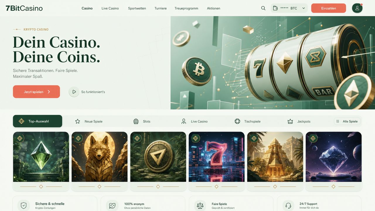 Startseite von 7BitCasino mit Spielautomaten und Spielkategorien