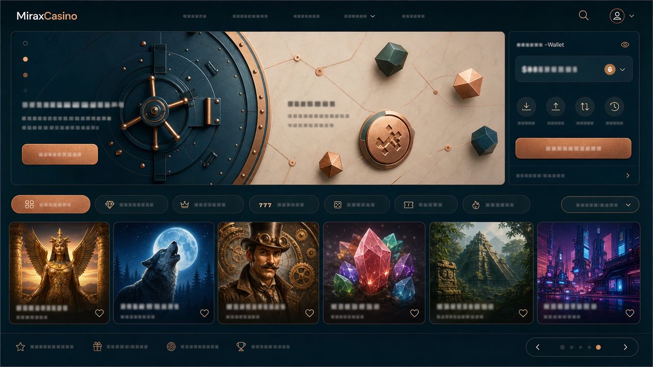 Startseite von MiraxCasino mit Spielkategorien, Slot-Kacheln und Wallet-Bereich