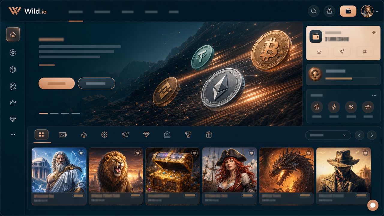Startseite von Wild.io mit Spielkategorien und Wallet-Bereich