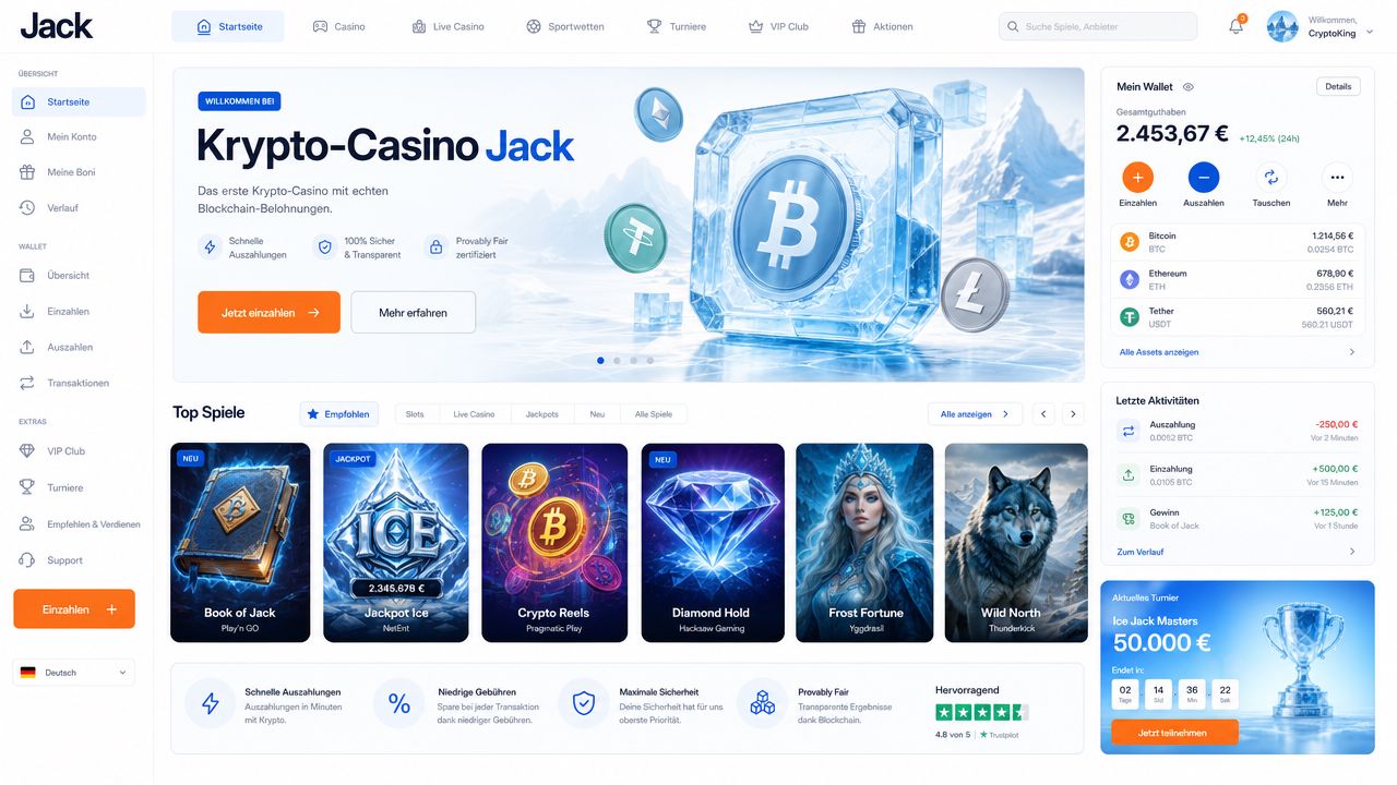 Desktop-Darstellung der Jack Casino Plattform mit minimalistischem Design und orangefarbenen Aktionsschaltflächen
