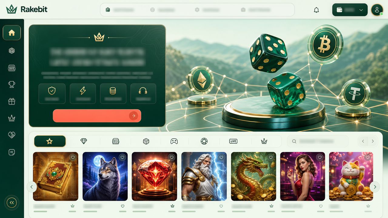 Startseite von Rakebit mit Würfeln, digitalen Tokens und Spielkacheln