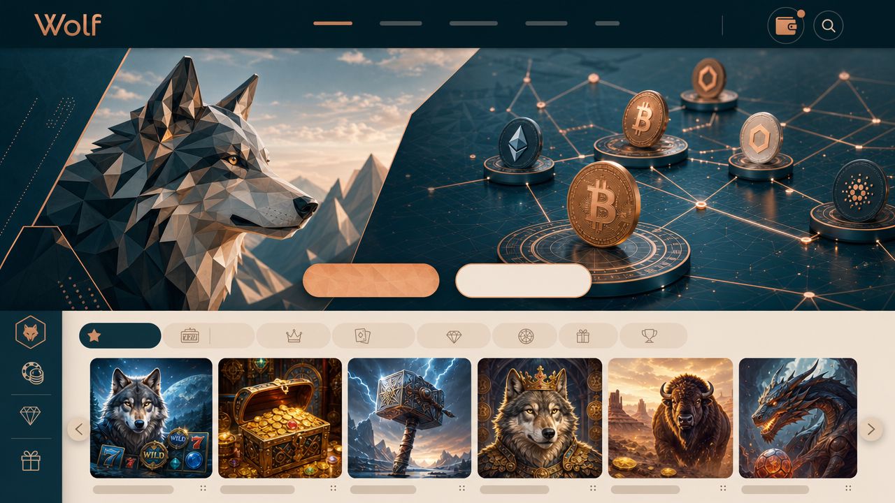 Startseite von Wolf.io mit geometrischer Wolf-Grafik und Spielkategorien