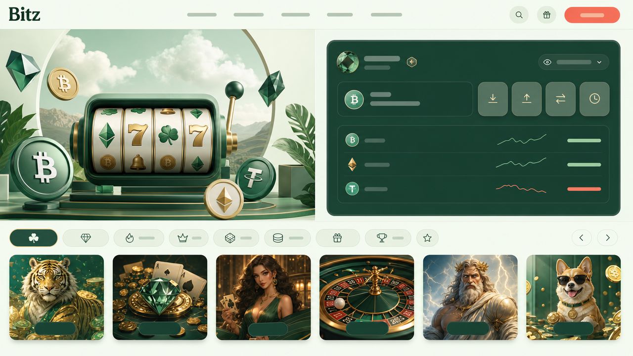 Startseite von Bitz mit Spielkategorien und Wallet-Bereich
