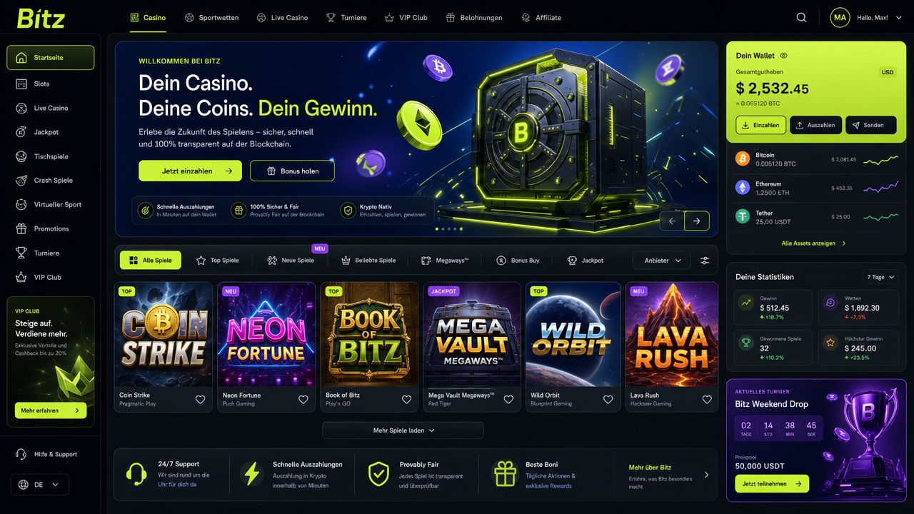 Bitz Casino Desktop-Oberfläche mit Bitcoin- und Kartenzahlungsoptionen