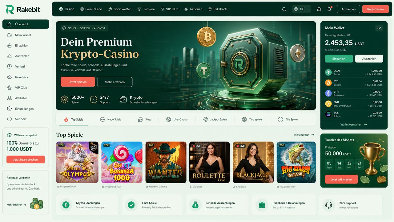 Screenshot der Rakebit Casino-Website mit Spiellobby und Zahlungsbereich