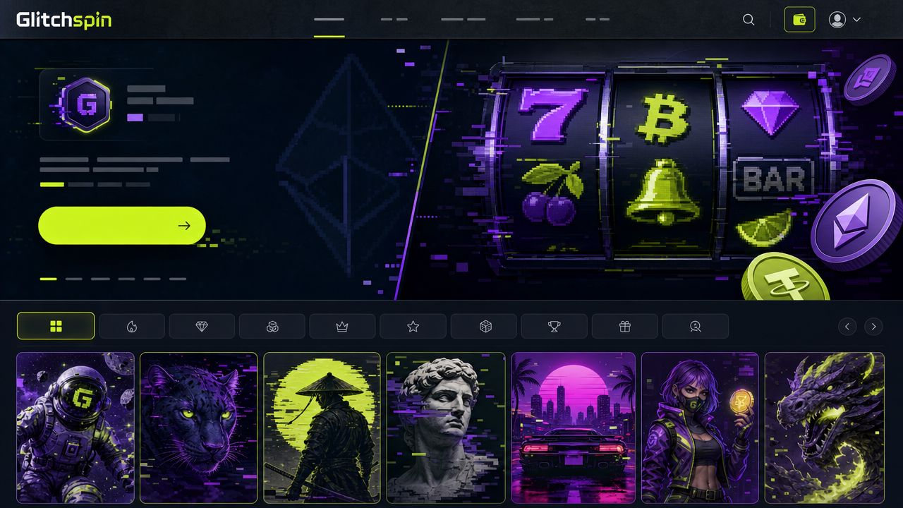 Startseite von Glitchspin mit Spielautomaten und Spielkategorien