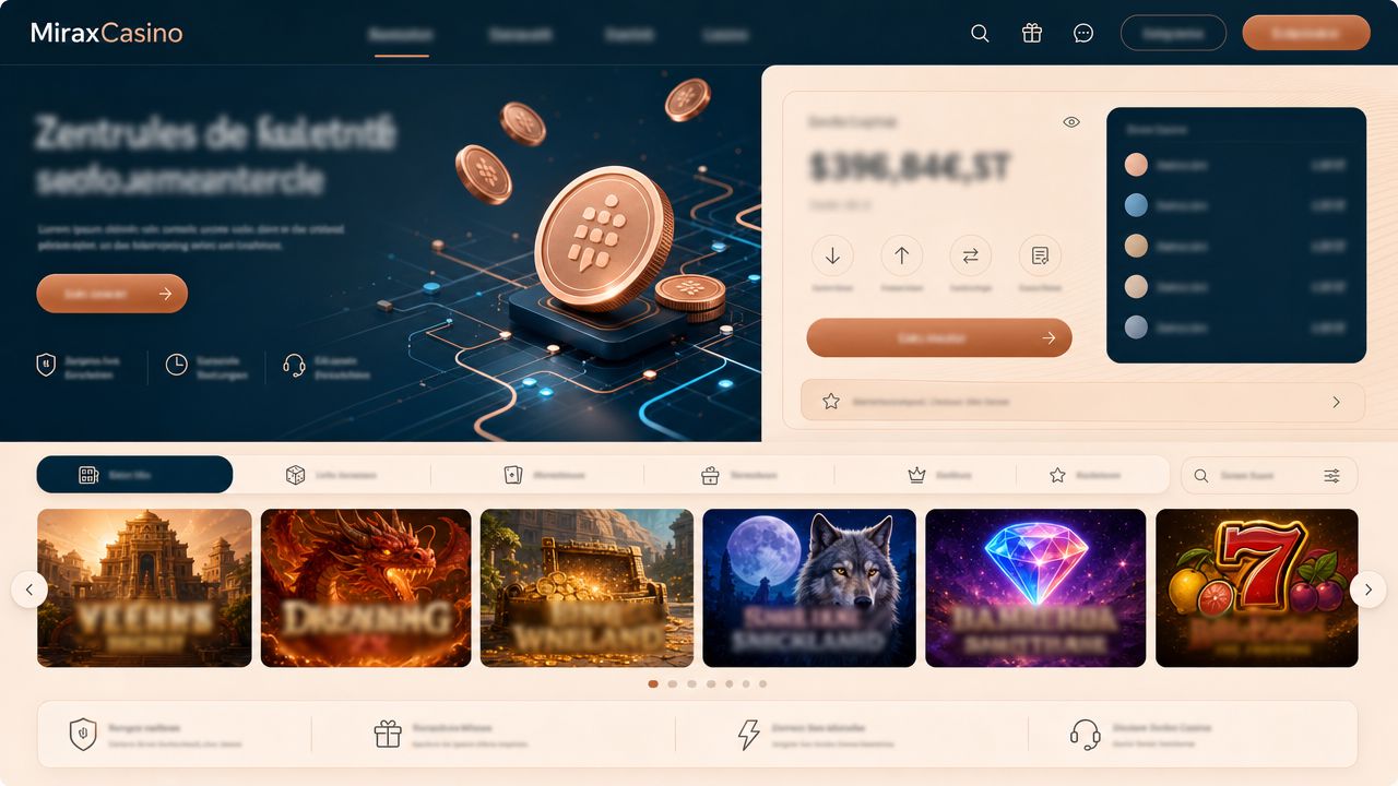 Startseite von MiraxCasino mit Spielkategorien und Wallet-Bereich