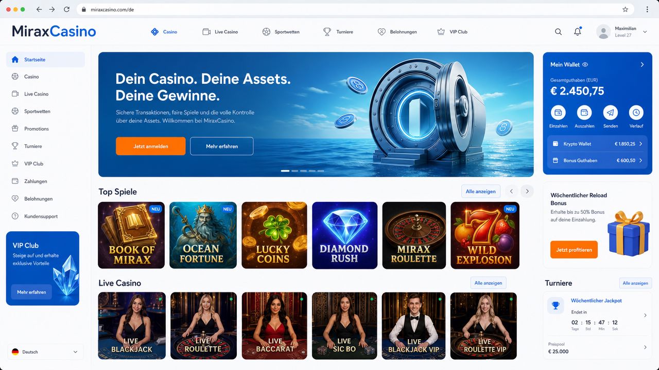 MiraxCasino Desktop-Interface mit digitaler Casino-Oberfläche
