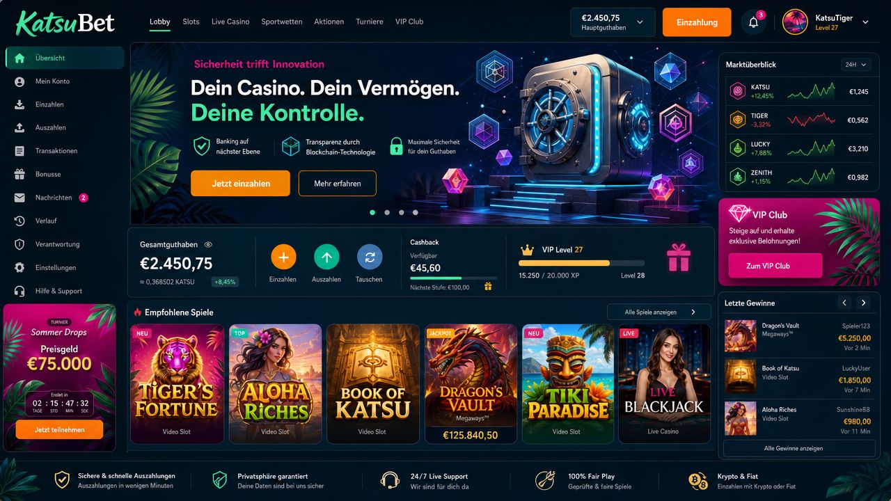 KatsuBet Casino-Oberfläche mit Spielauswahl und Bitcoin-Zahlungsoptionen