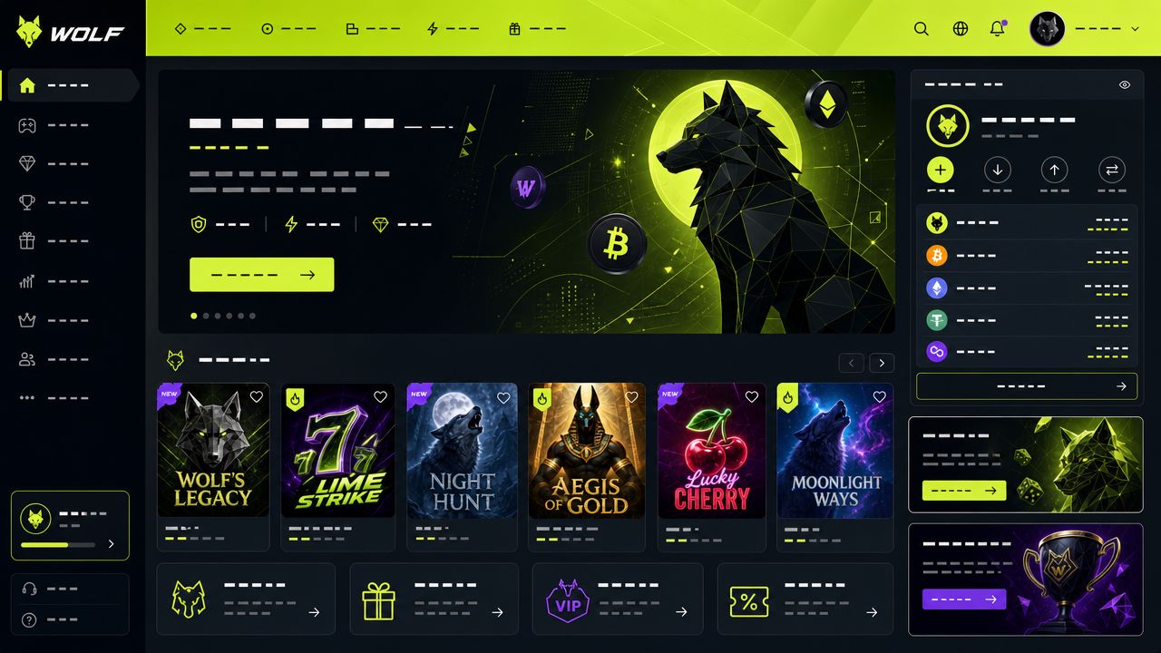 Wolf.io Online-Casino Desktopansicht mit Spielübersicht und Zahlungsoptionen