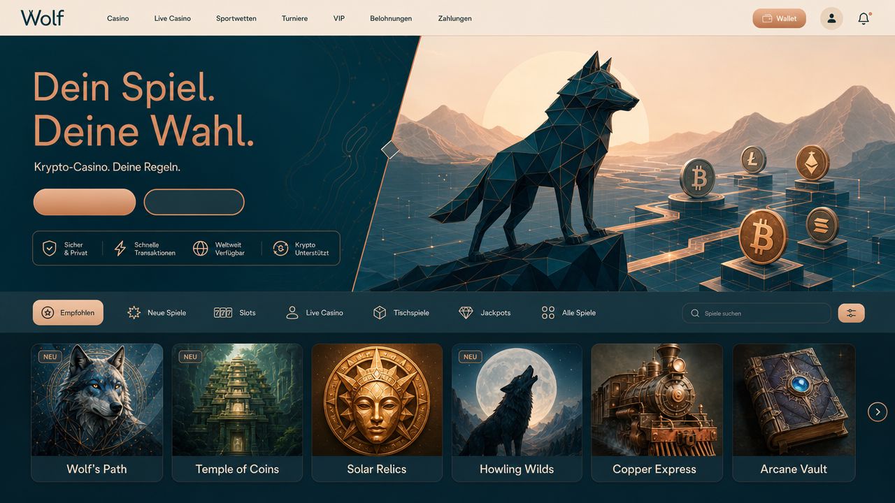 Startseite des Online-Casinos Wolf.io mit Spielkategorien und Slot-Übersicht