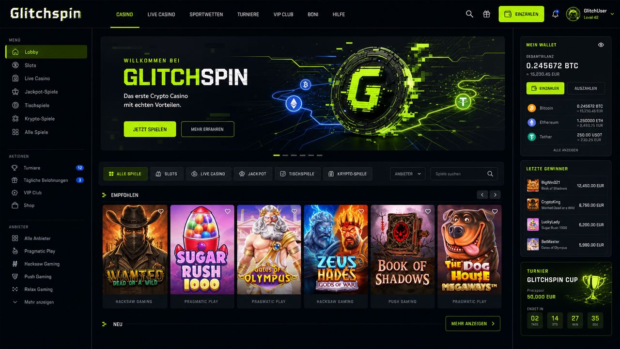 Glitchspin Casino Desktop-Screenshot mit futuristischem Interface
