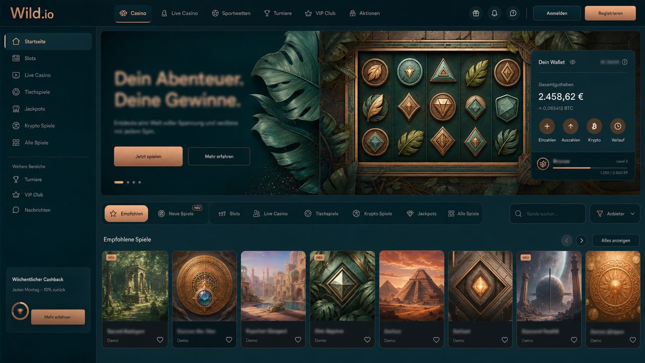 Startseite von Wild.io mit Spielekategorien und Wallet-Bereich