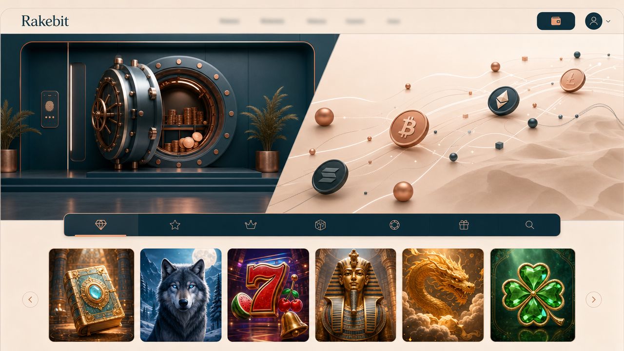 Startseite des Krypto-Casinos Rakebit mit Spielkategorien und Slot-Übersicht