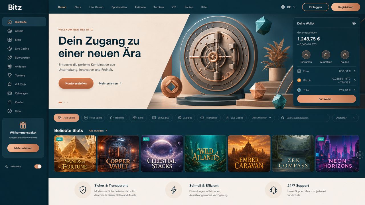 Startseite des Online-Casinos Bitz mit Spielkategorien und Wallet-Bereich